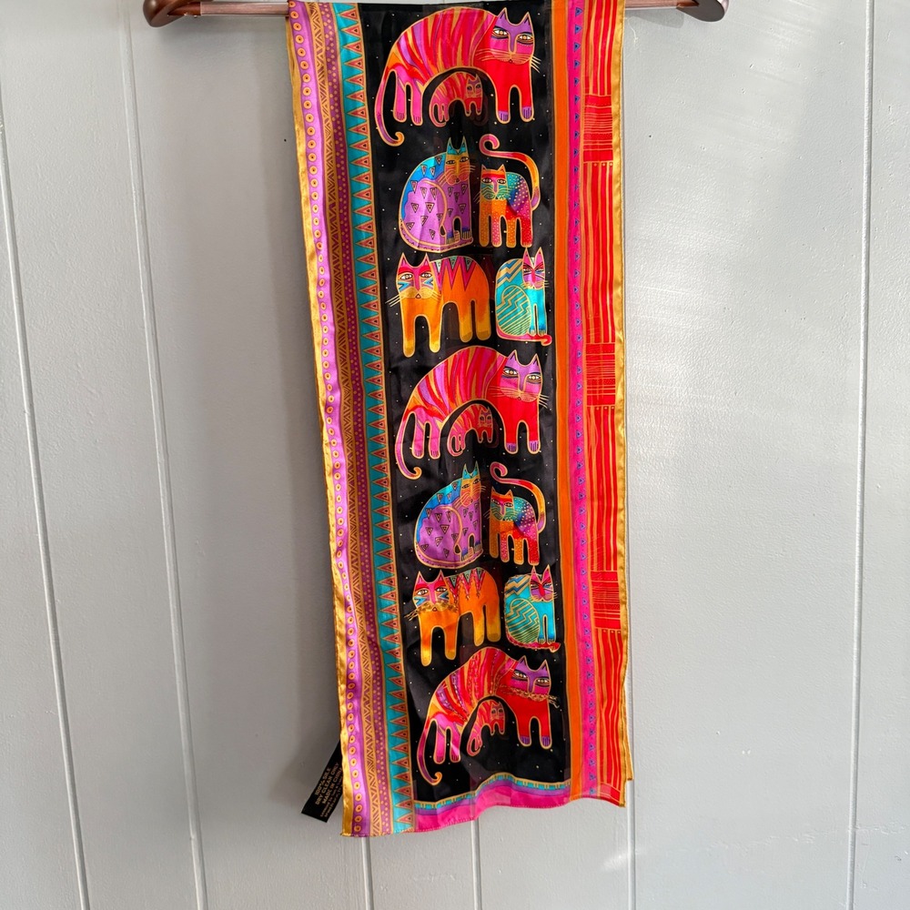 Laurel Burch 100% Silk Scarf Cats Beaded Vintage Boho Whimsical Folk Art 90s